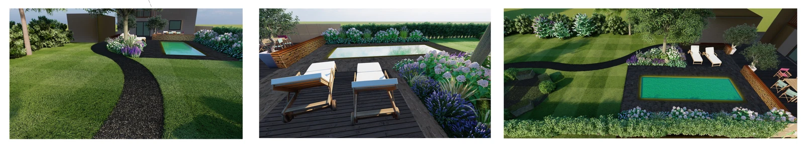 Drei 3-D-Ansichten desselben Gartens: Rasenweg, Holzterrasse mit Liegen und Blick von oben auf den Pool