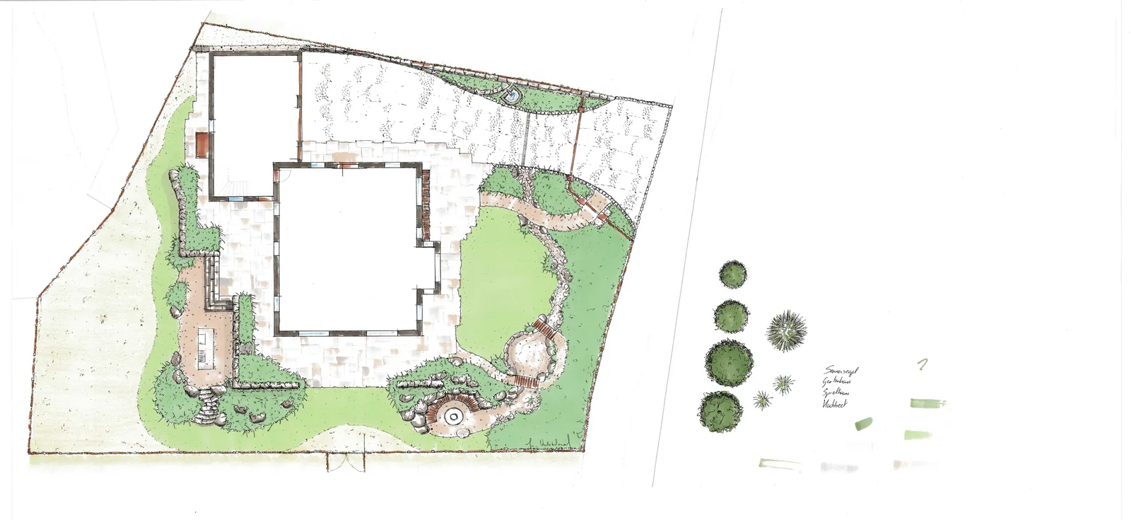 Handzeichnung eines Gartenentwurfs mit Wegen, Terrassen und Pflanzflächen