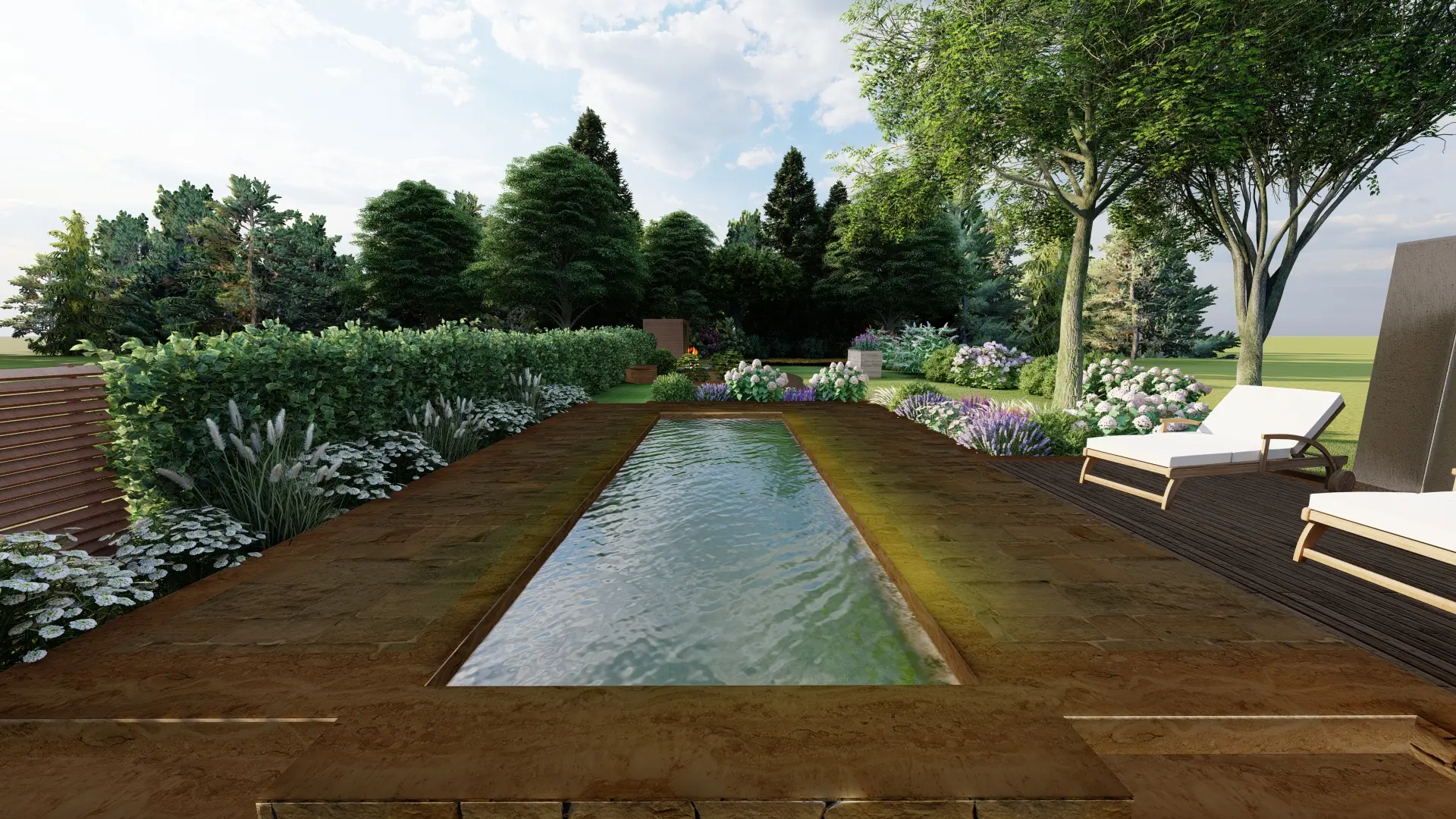 3D-Visualisierung eines geplanten Gartens mit Pool und Terrasse