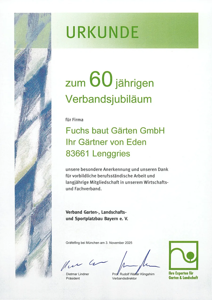 Urkunde des Verbands Garten-, Landschafts- und Sportplatzbau Bayern zum 60-jährigen Verbandsjubiläum von Fuchs baut Gärten