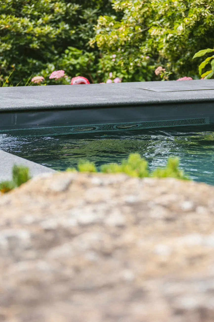 Der Beckenrand unseres Living Pools mit Naturstein und Bepflanzung