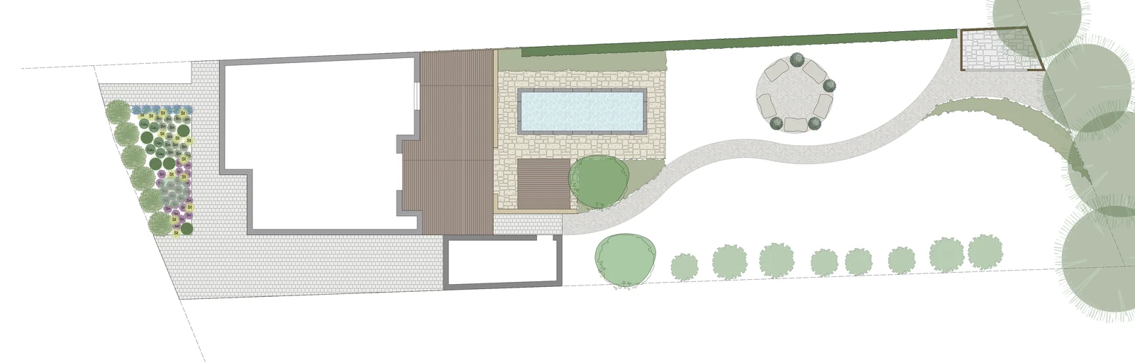 Entwurfsplan von Fuchs baut Gärten: Grundriss eines Gartens mit Pool, Terrasse, Sitzplatz und Baumreihe