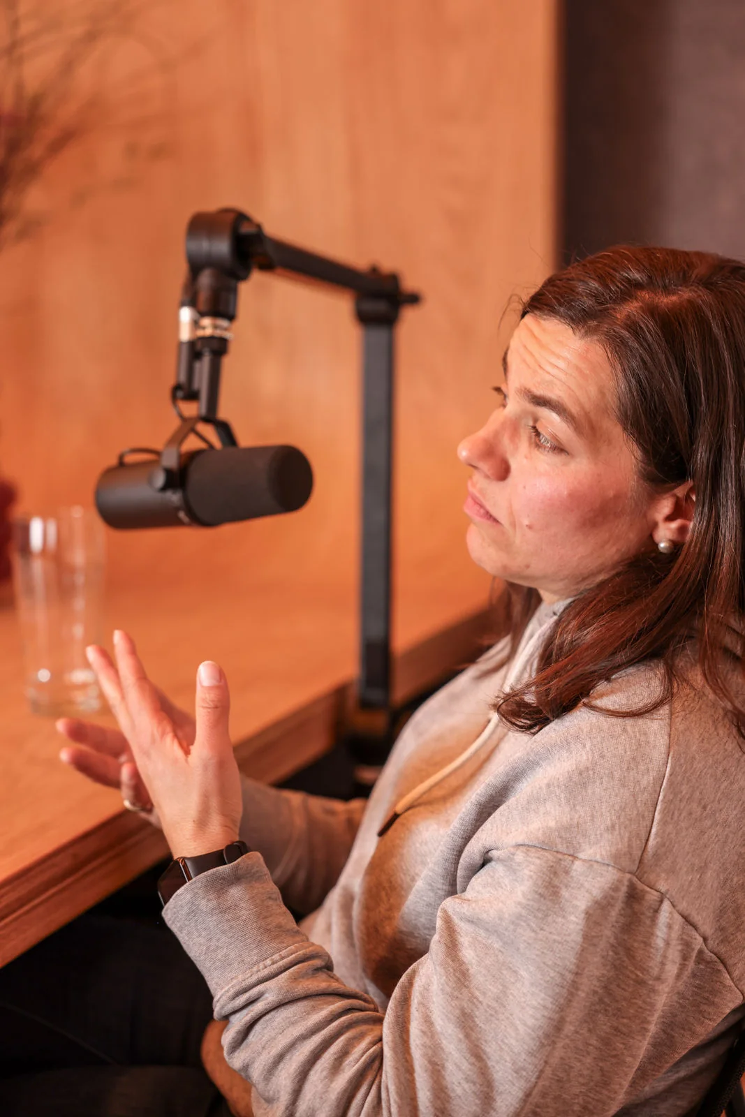 Gast im Gespräch am Podcast-Mikrofon im Büro von Fuchs baut Gärten