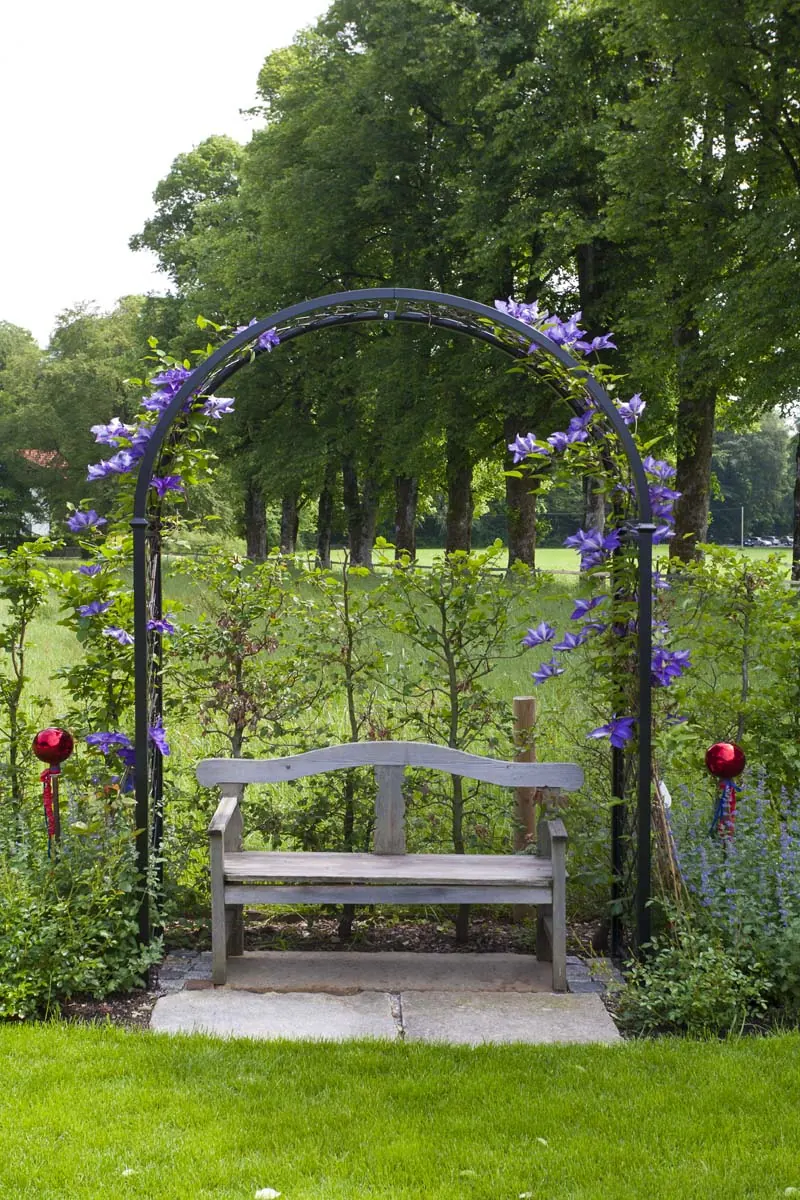 Der Rosenbogen mit Bank am Ende des Wegs