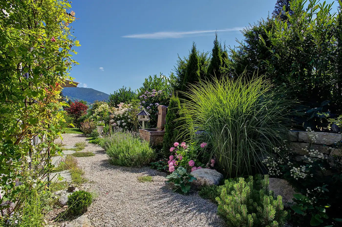 Der wassergebundene Gartenweg zwischen Gräsern und Rosen
