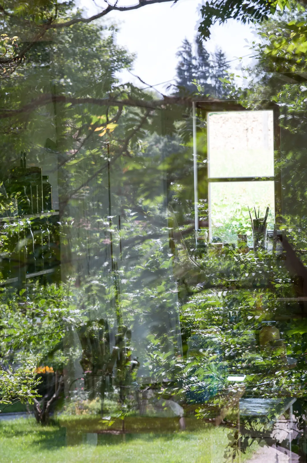 Blick aus dem Atelier durch die hohen Fenster in den Garten