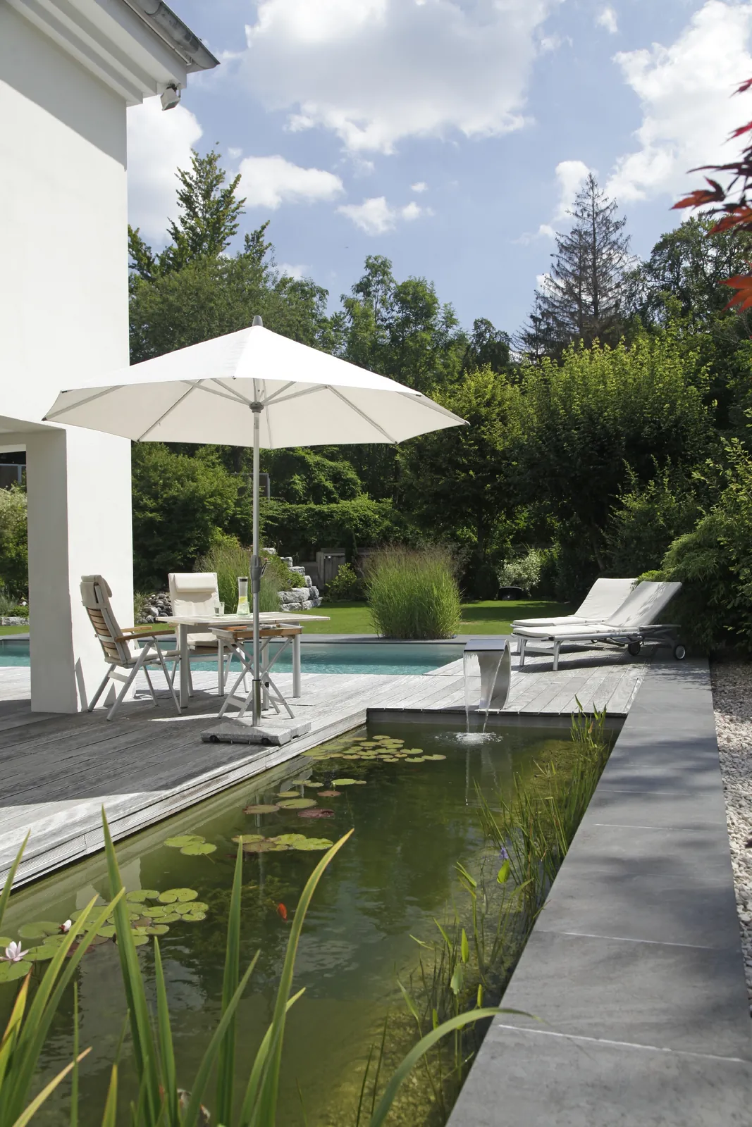 Das zweite Wasser: ein dunkles Becken mit Schilf am Holzdeck
