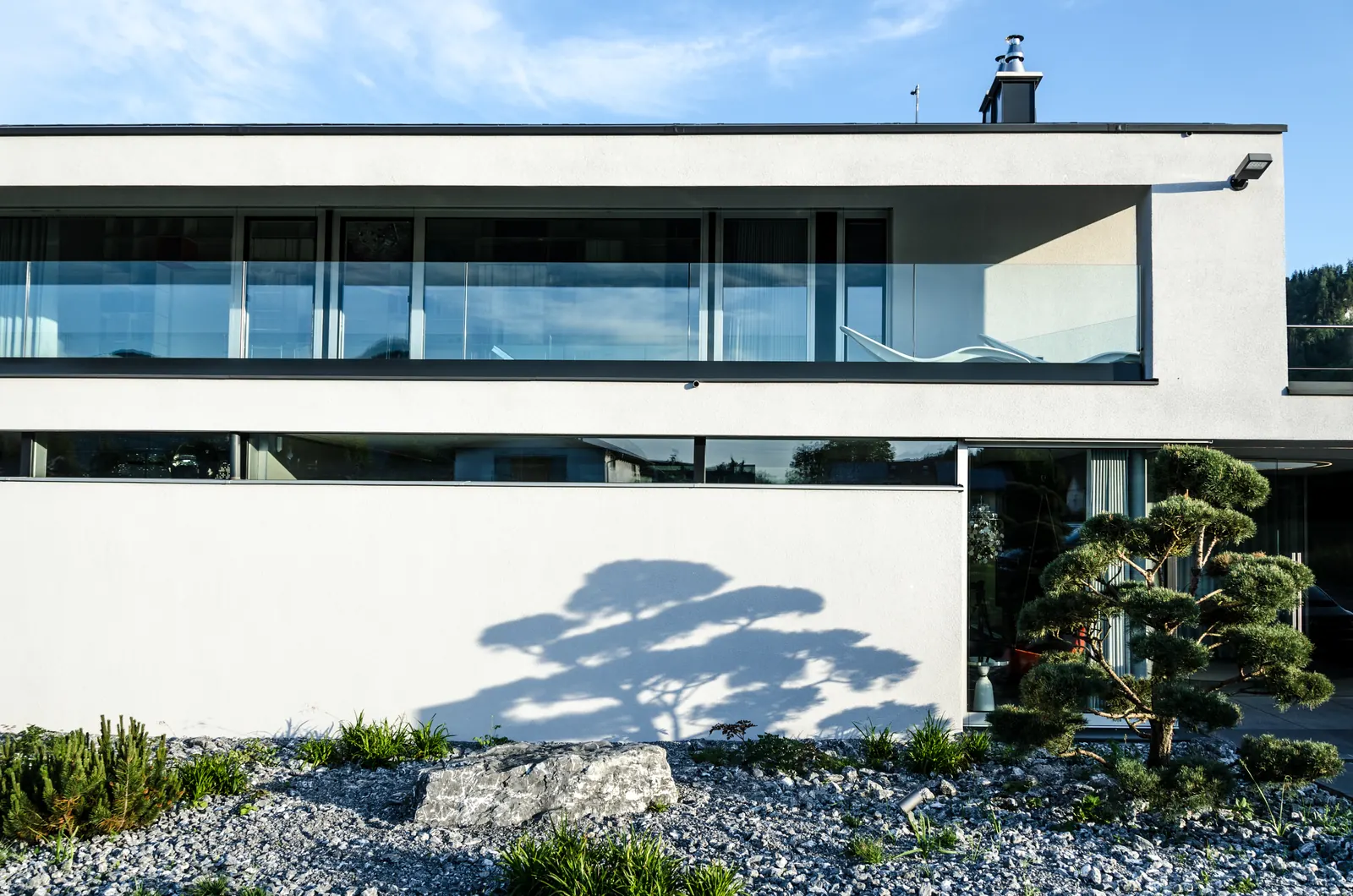 Kiesbeet mit Formkiefer vor der weißen Hauswand
