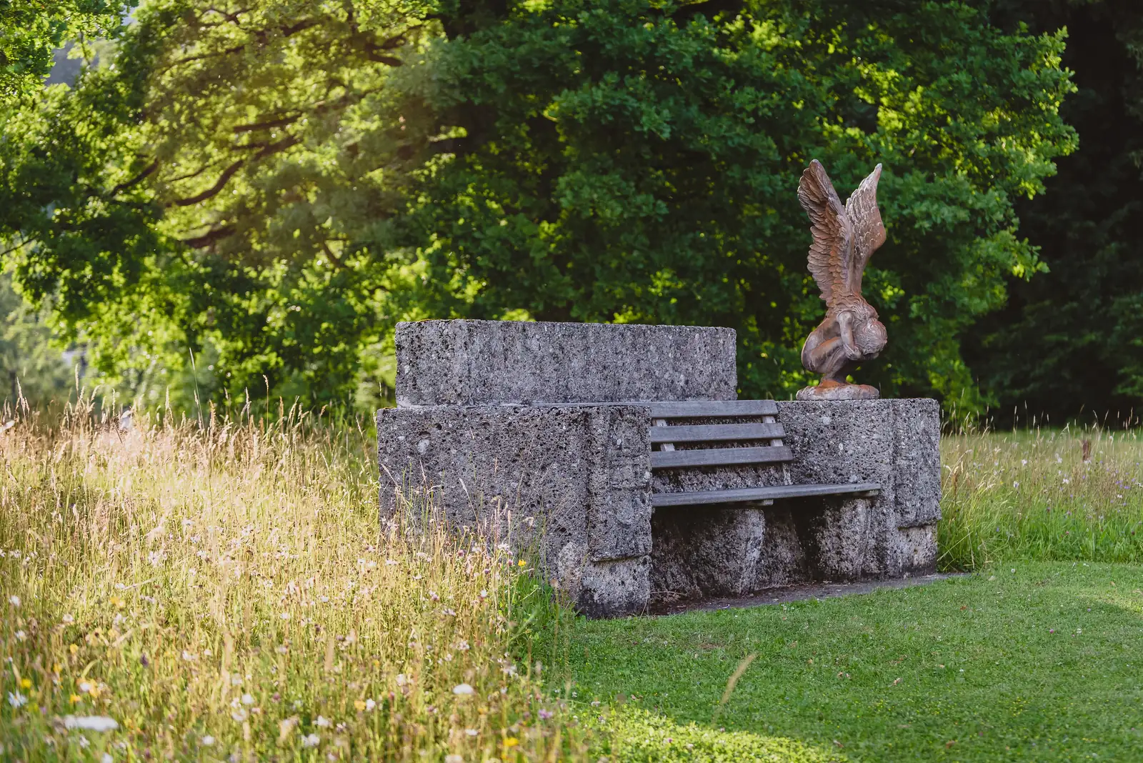 Die Steinbank steht mitten in der hohen Wiese