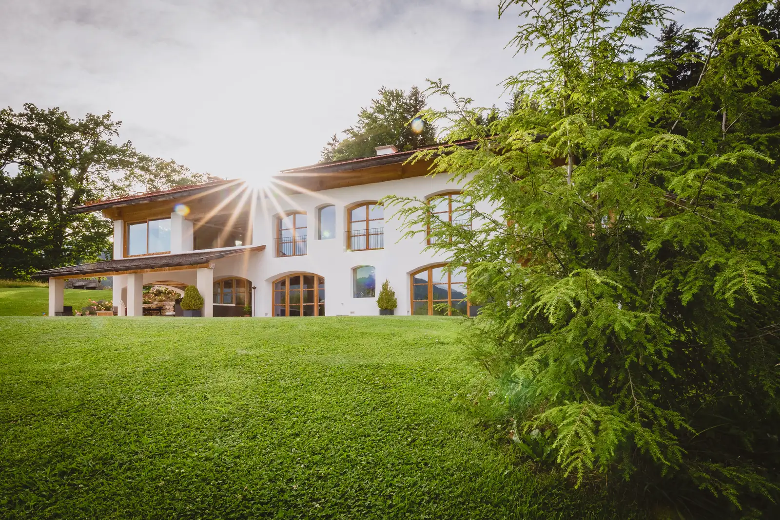 Das Haus im Gegenlicht, die Sonne bricht durchs Grün
