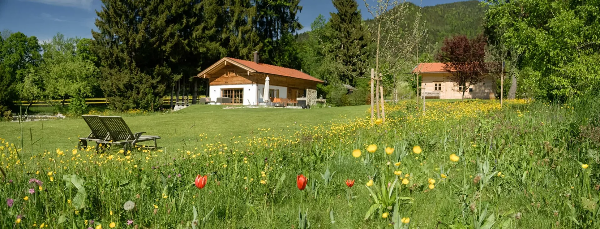 Das Ferienhaus in der Blumenwiese, davor die Liegen