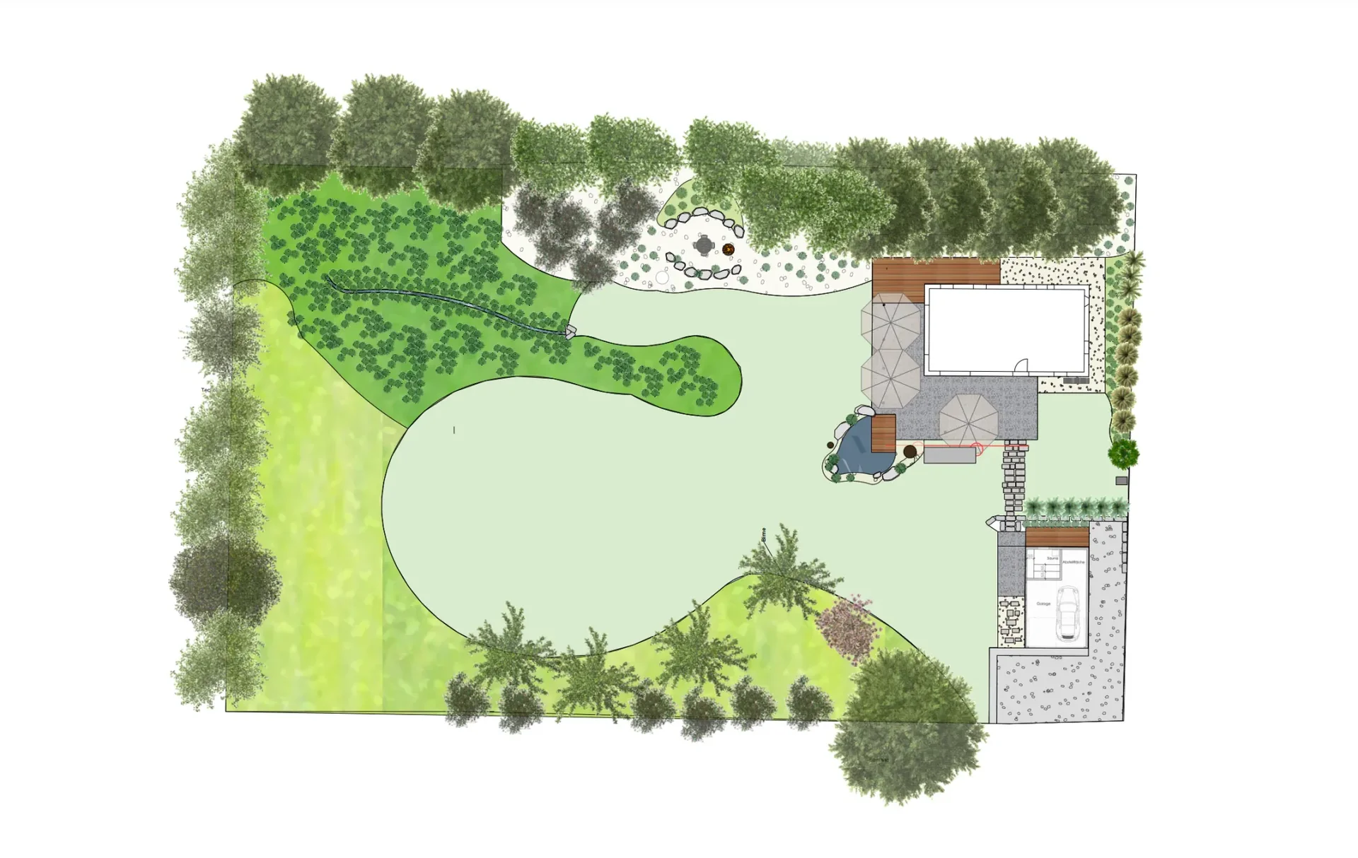 Der Gartenplan: die große Wiese, der Teich am Haus und der Gehölzrahmen
