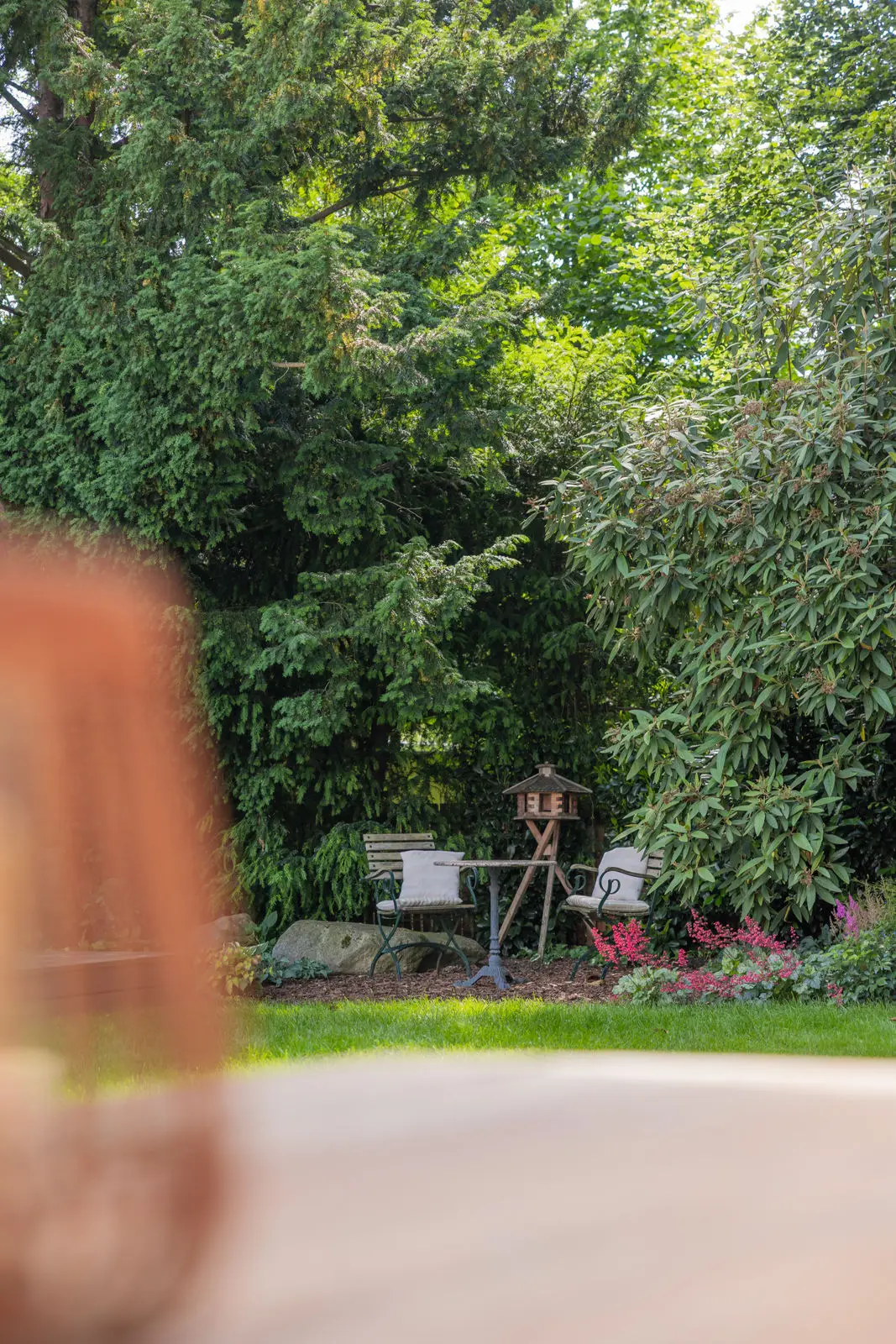 Grüner Gartenraum mit Vogelhäuschen zwischen Gehölzen
