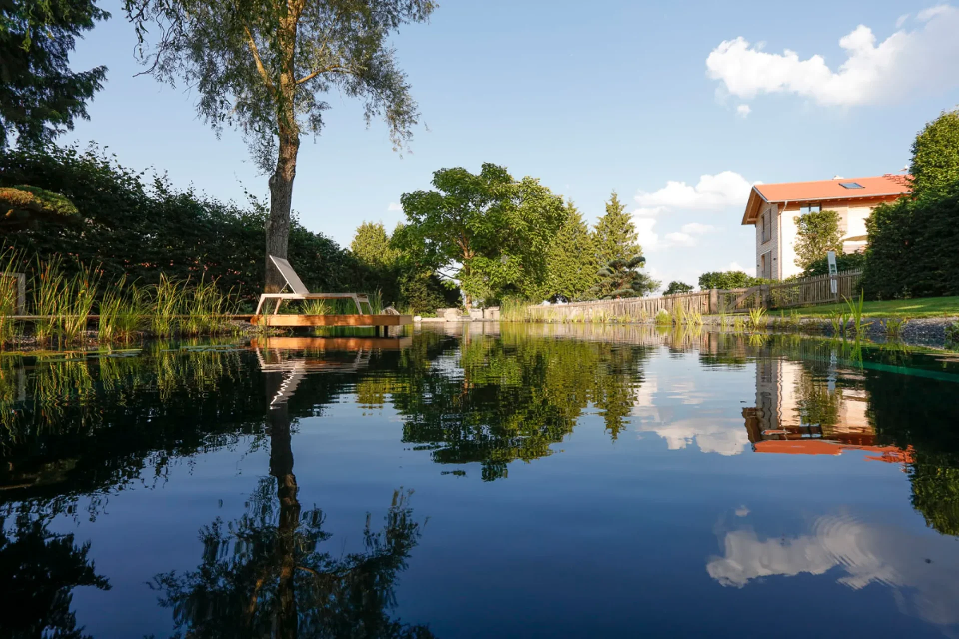 Der zum Schwimmteich umgebaute alte Fischteich