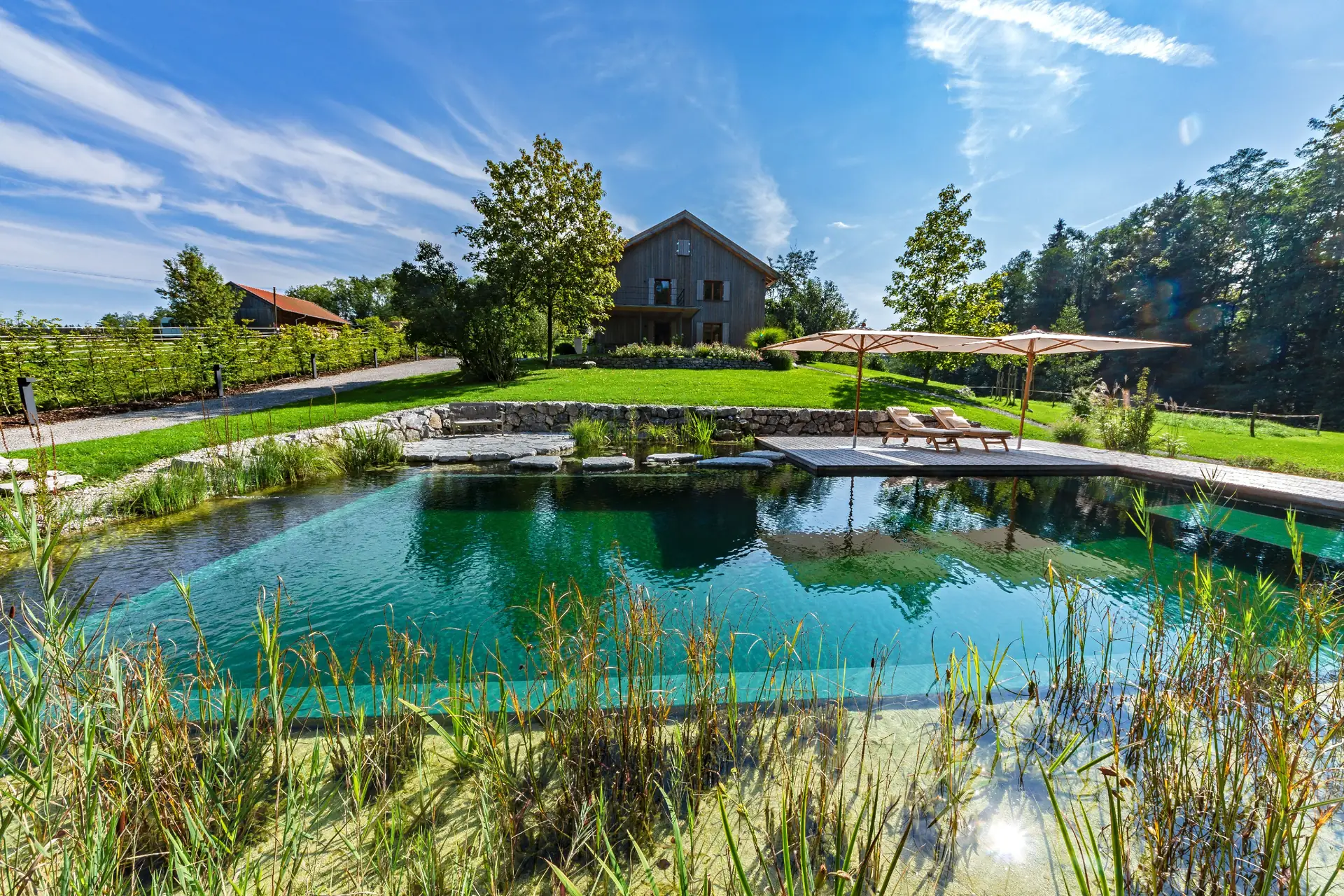Weiter Blick über den Teich auf Haus und Wiese am Waldrand