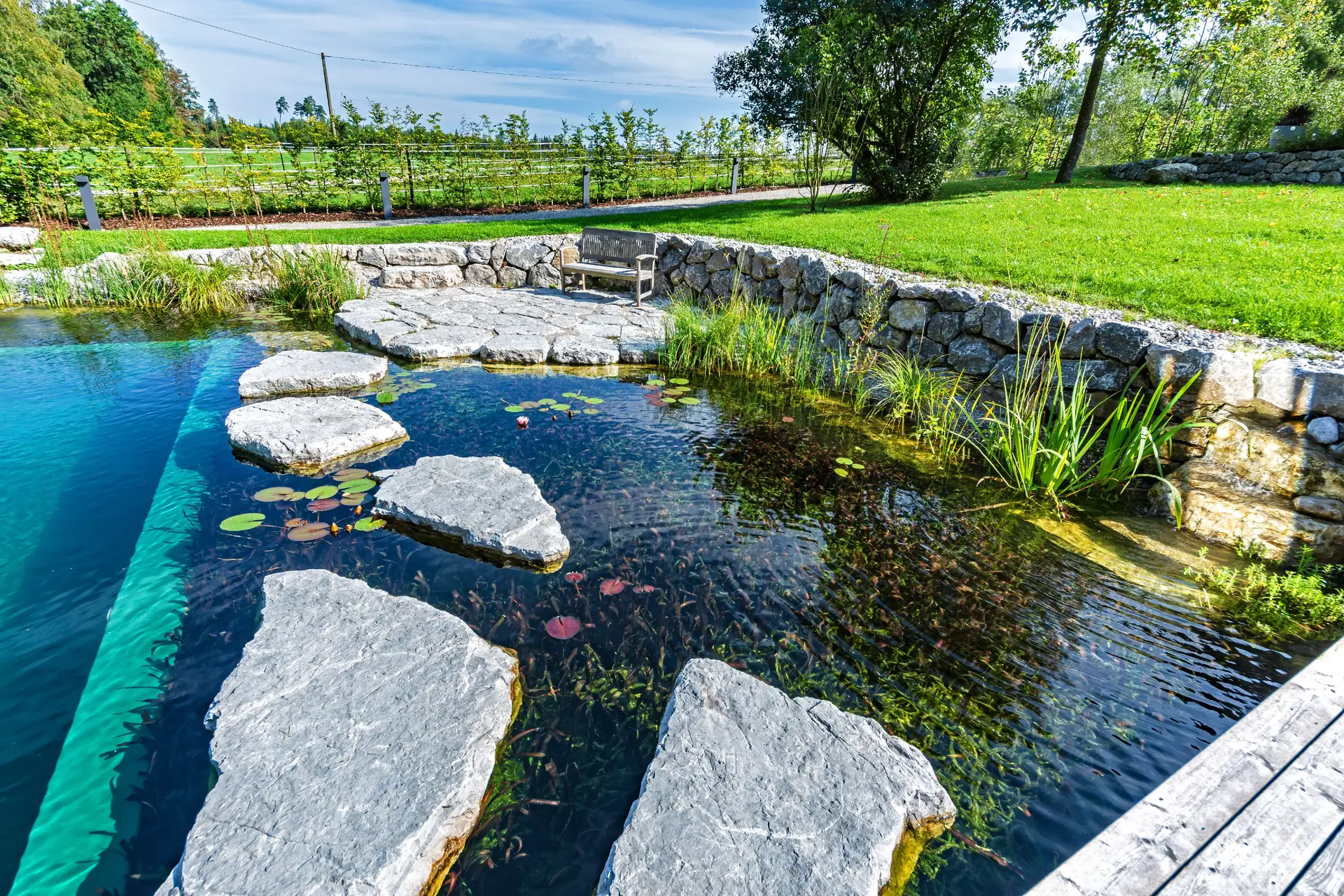 Große Trittsteine führen über das Wasser, dahinter die Trockenmauer