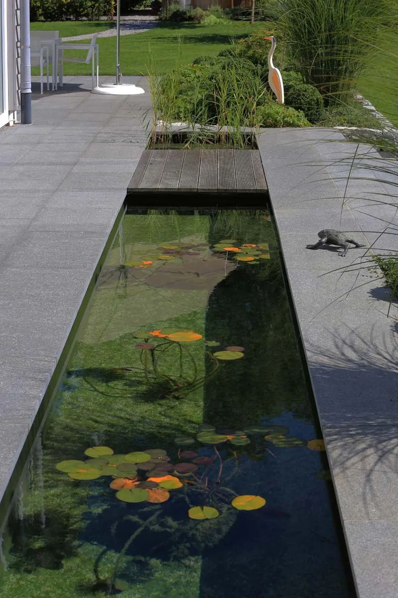 Das schmale Becken zieht sich an der Terrasse entlang