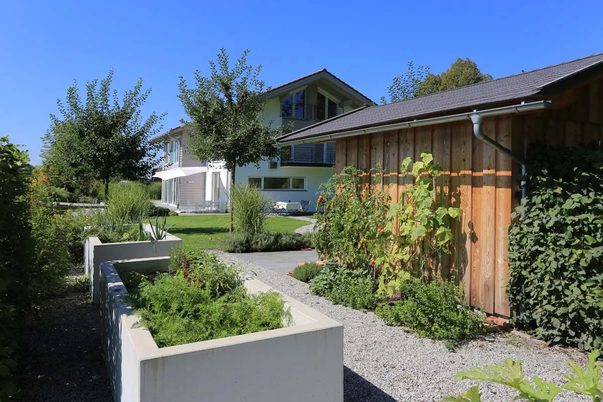 Weiße Pflanztröge säumen den Weg zum Gartenhaus