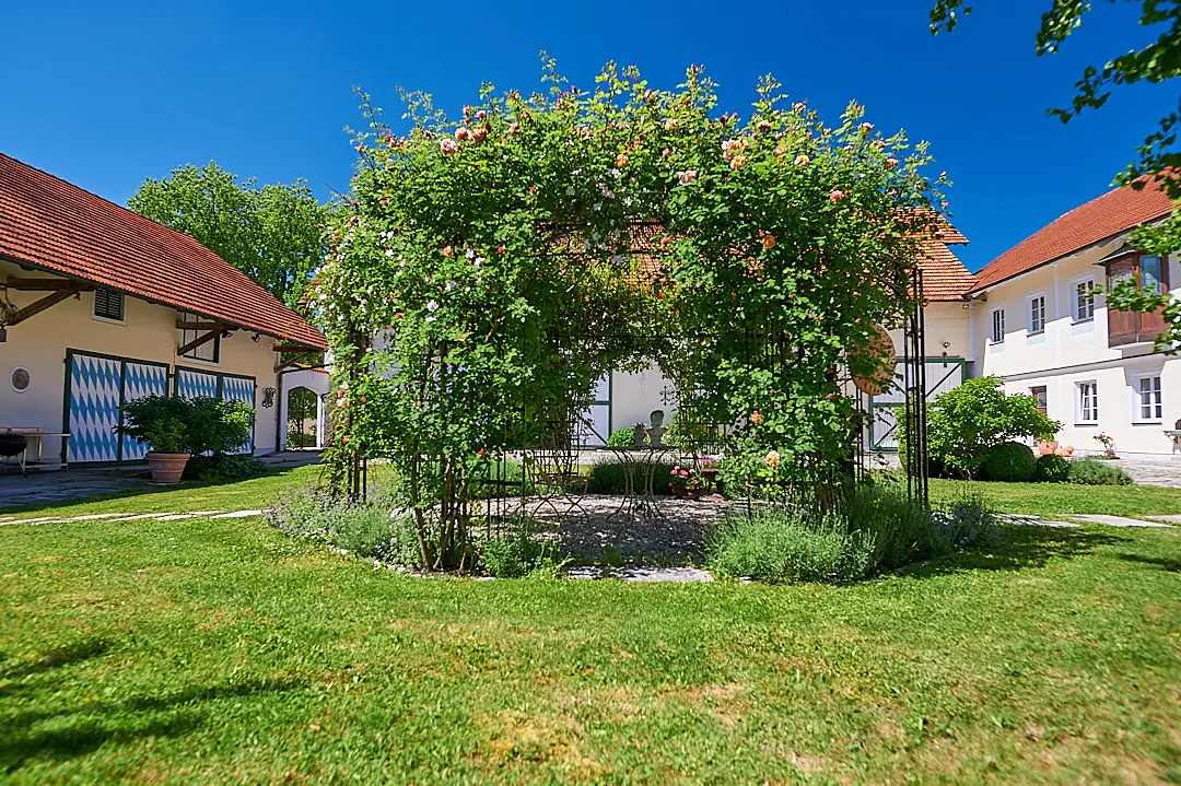 Eine Rosenlaube steht frei in der Rasenfläche