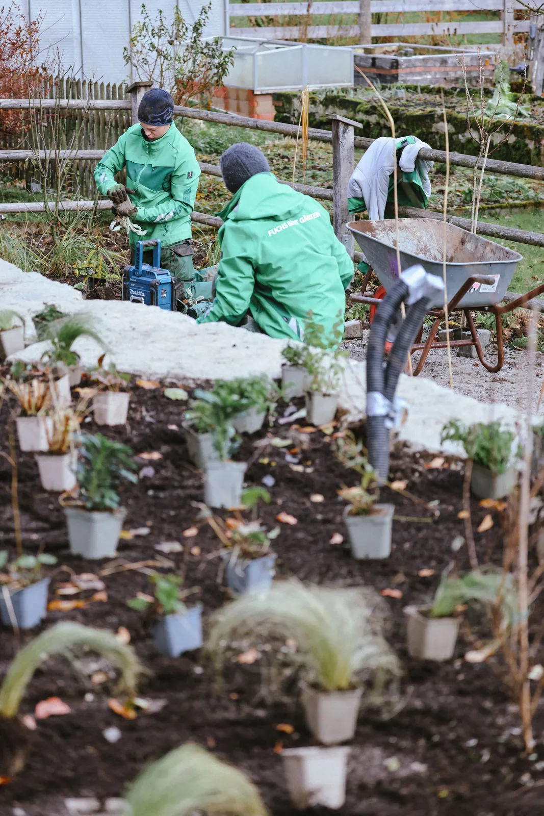 Zwei Landschaftsgärtner pflanzen ein neues Staudenbeet, Töpfe stehen bereit