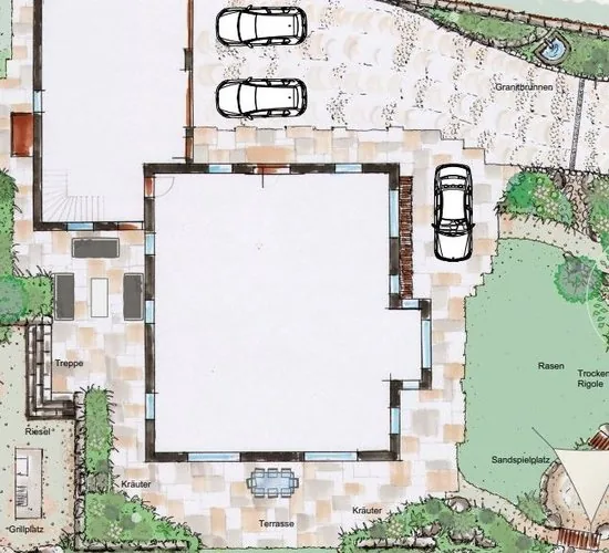 Handgezeichneter Gartenplan mit Terrasse, Wegen, Pflanzflächen und Stellplätzen