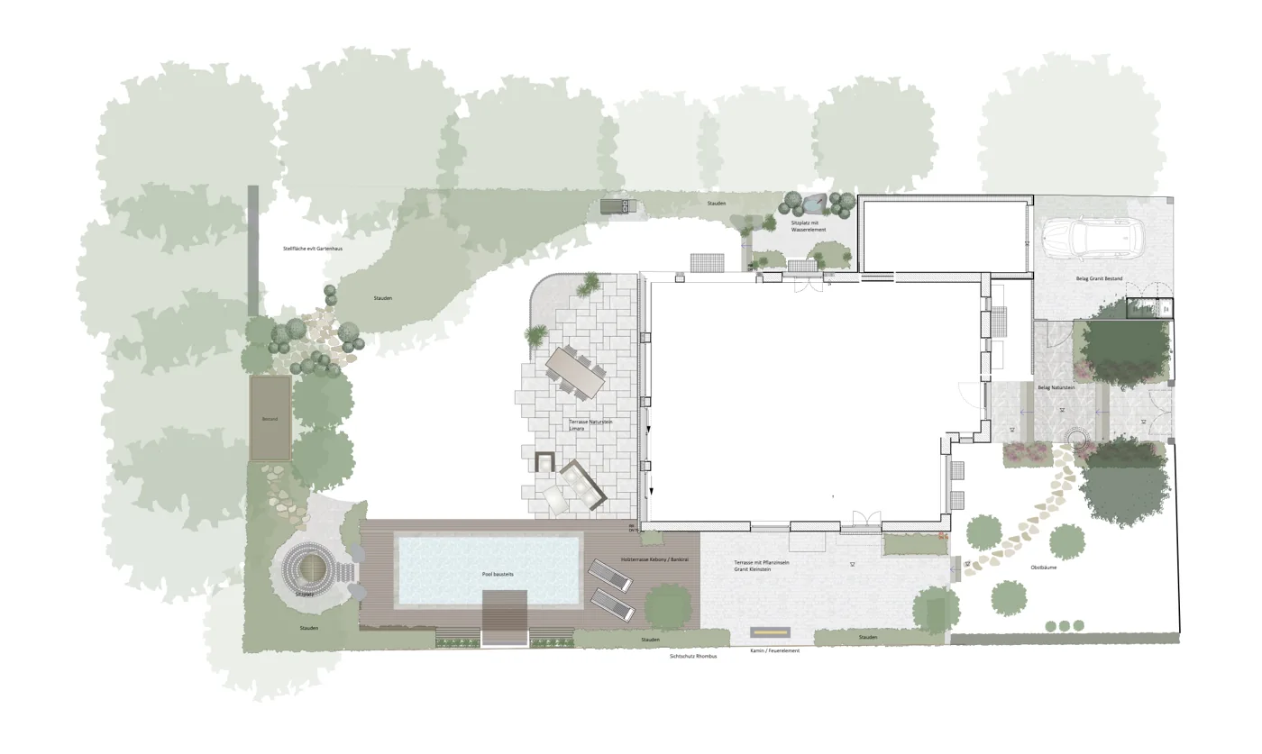 Digitaler 2D-Gartenplan mit Terrasse, Pool und Bepflanzung