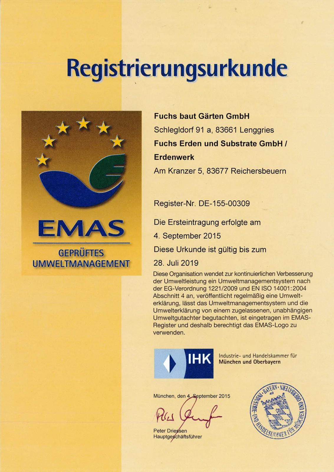 EMAS-Registrierungsurkunde für Fuchs baut Gärten und das Erdenwerk, Register-Nr. DE-155-00309, Ersteintragung 4. September 2015