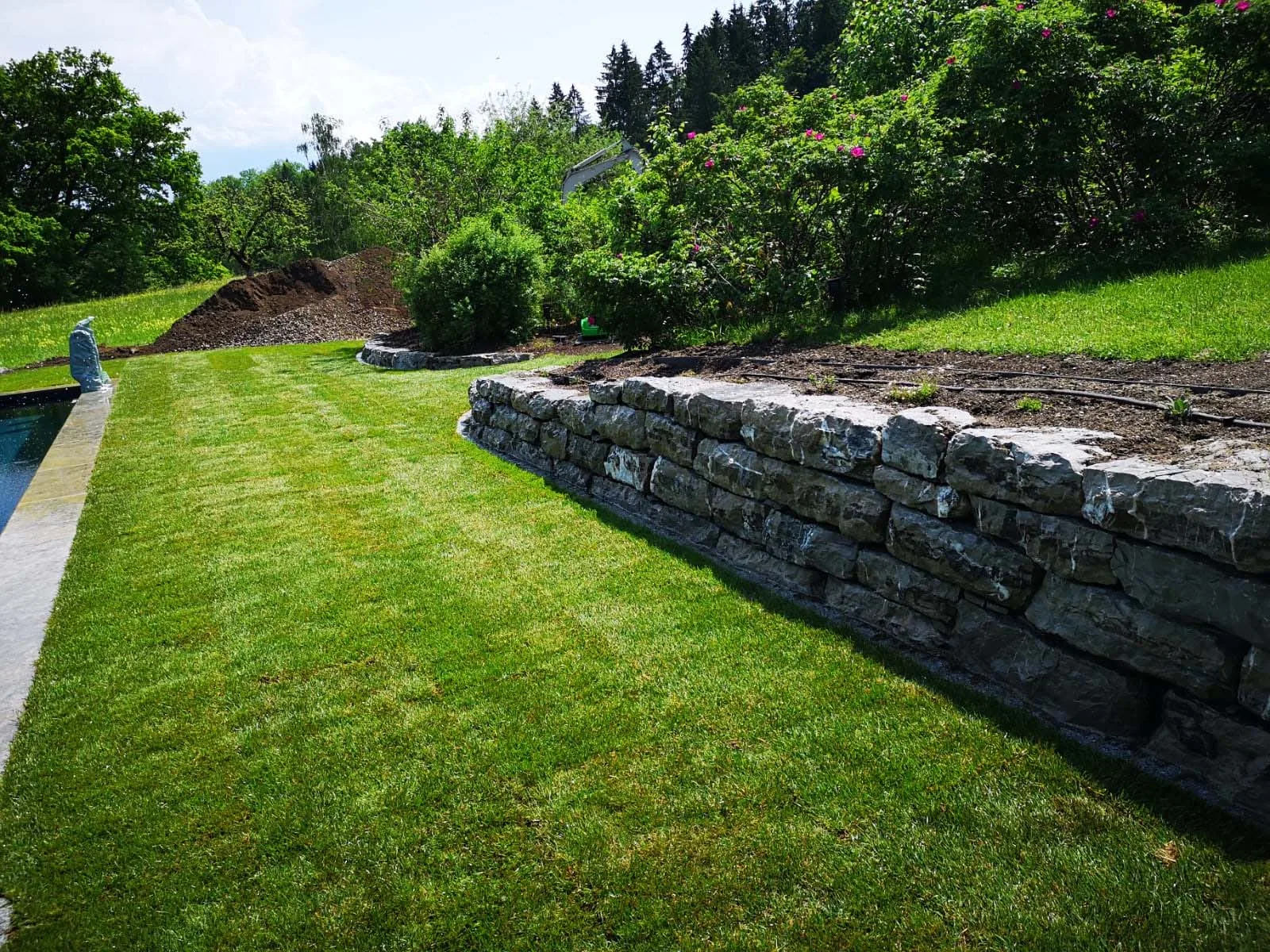Natursteinmauer mit bepflanzten Fugen, davor Stauden