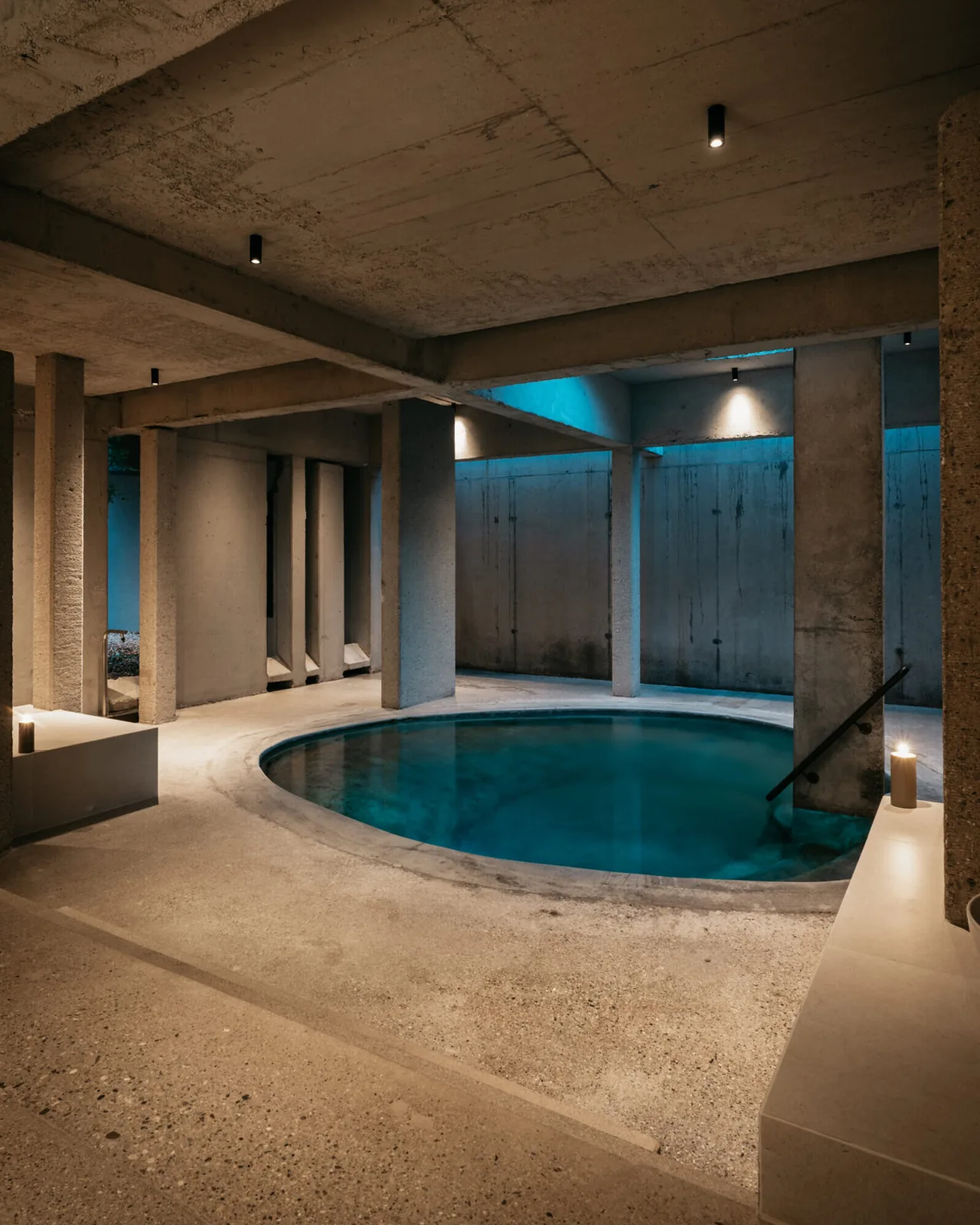 Die Gumpe im Saunabereich des Hotels Bergeblick – Tauchbecken in Sichtbeton